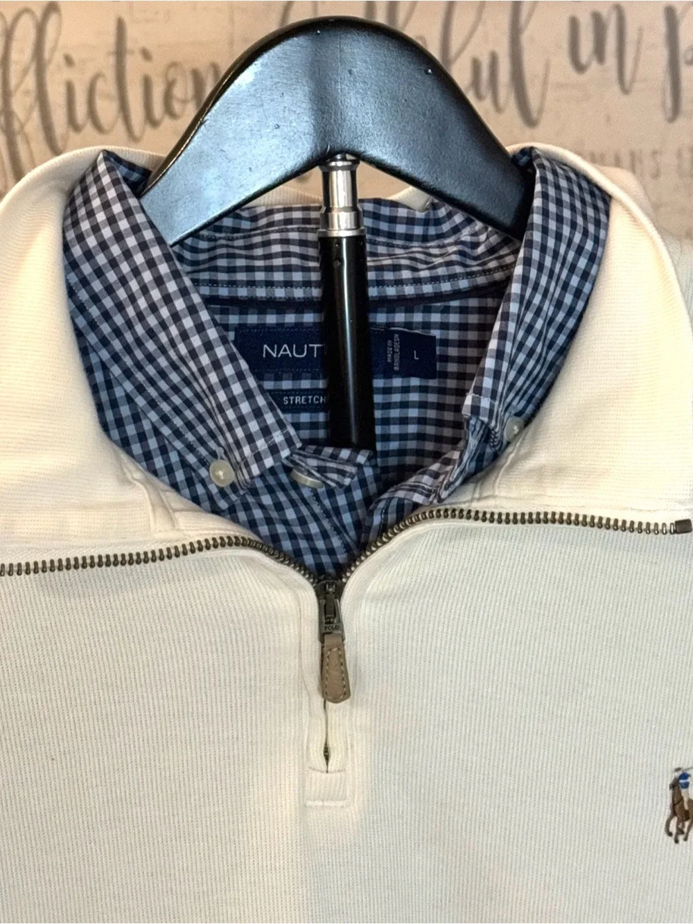Polo by Ralph Lauren Cream Half-Zip Pullover with Navy Gingham Collar